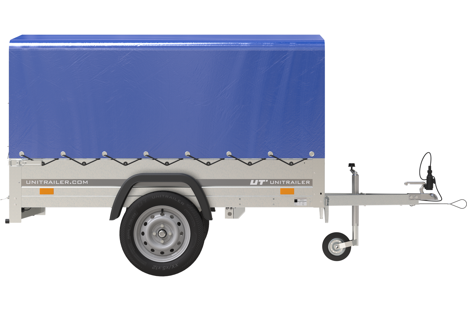 Remorque bagagère Garden Trailer 200 kipp 200 x 106 cm avec bâche haute bleue, arceau et roue jockey